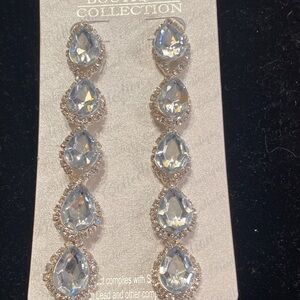 Crystal Teardrop Linear Drop Earrings - Clear/Silver